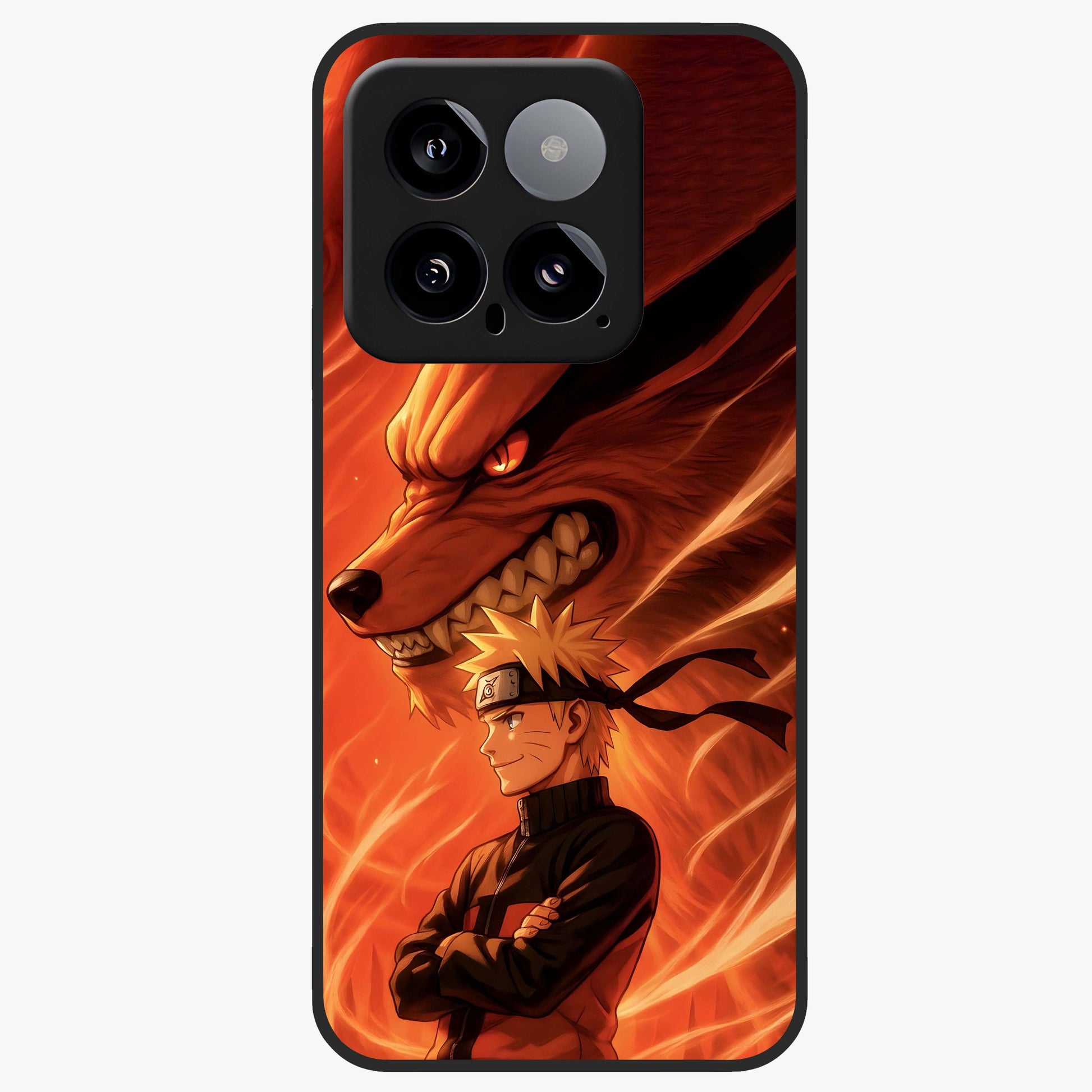 Nine Tails Legacy Glass Case showing flat back view with powerful nine-tailed fox inspired artwork and glossy glass finish.