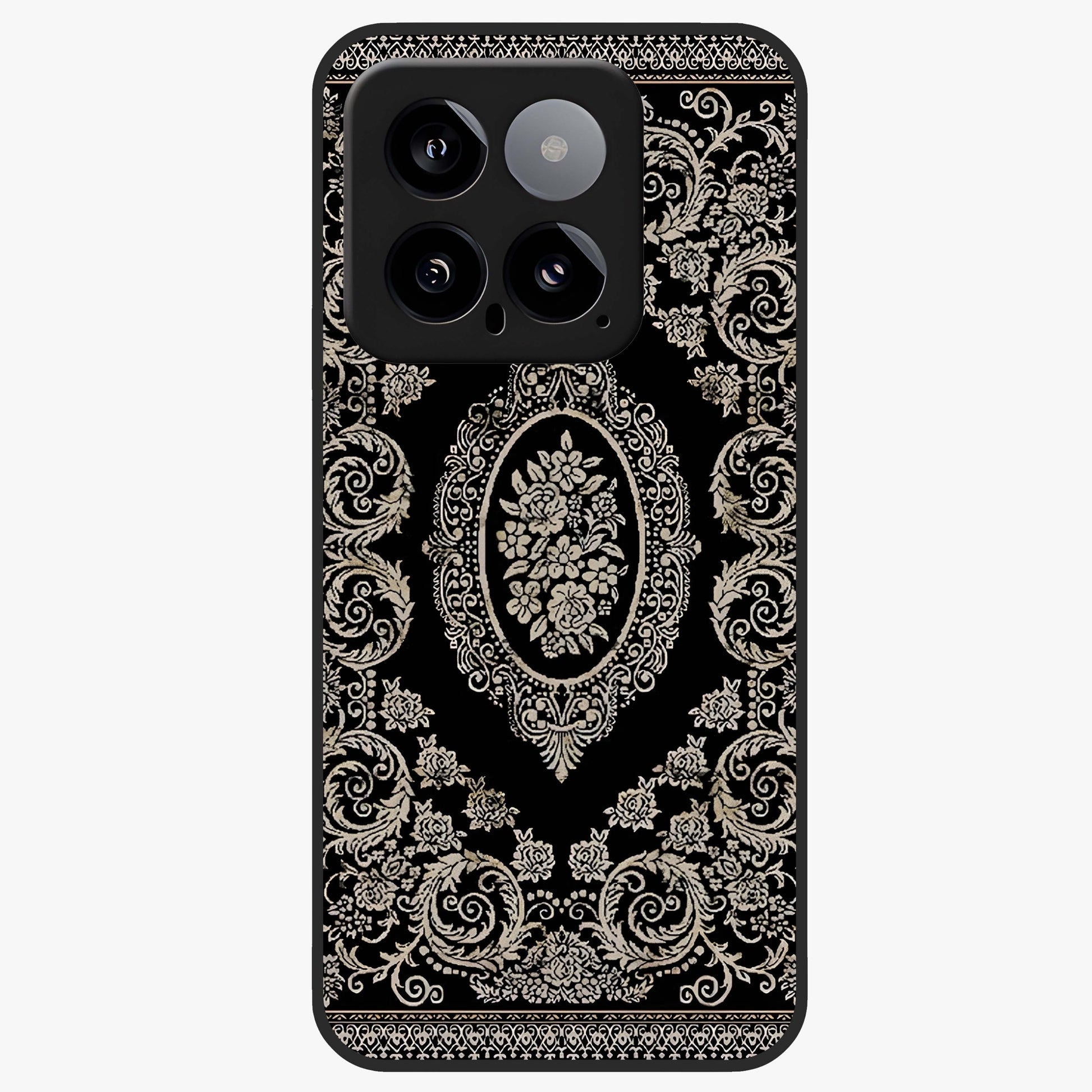 Noir Bloom Elegance Glass Case showing flat back view with elegant dark floral artwork and glossy glass finish.