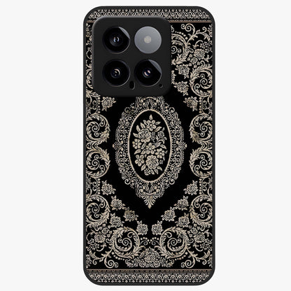 Noir Bloom Elegance Glass Case showing flat back view with elegant dark floral artwork and glossy glass finish.