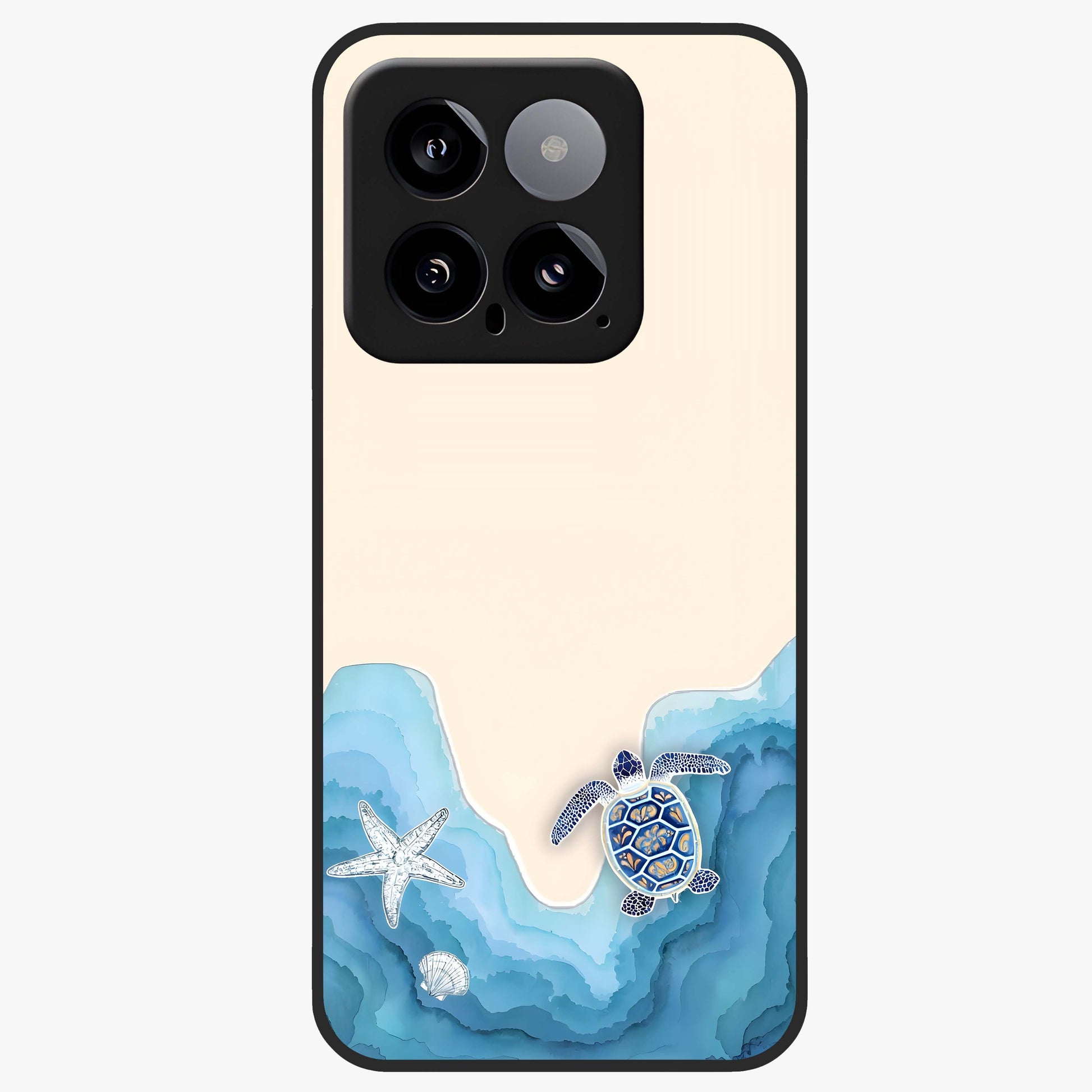 Ocean Drift Turtle Glass Case showing flat back view with sea turtle artwork and glossy glass finish.
