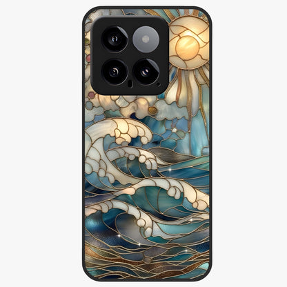 Oceanic Stained Printed Glass Case showing flat back view with ocean inspired stained pattern artwork and glossy glass finish.