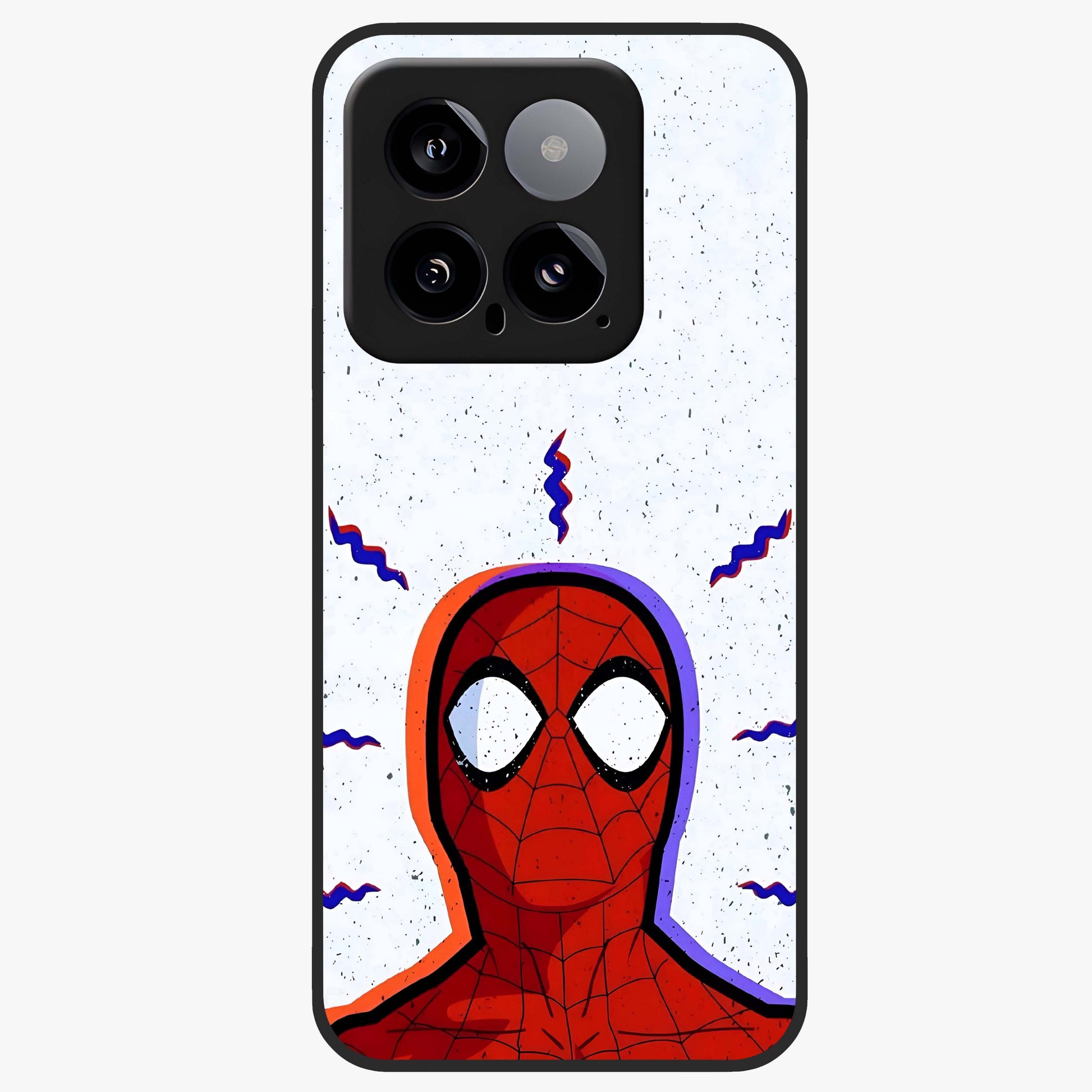 Omg Spiderman Glass Case showing flat back view with bold superhero inspired artwork and glossy glass finish.