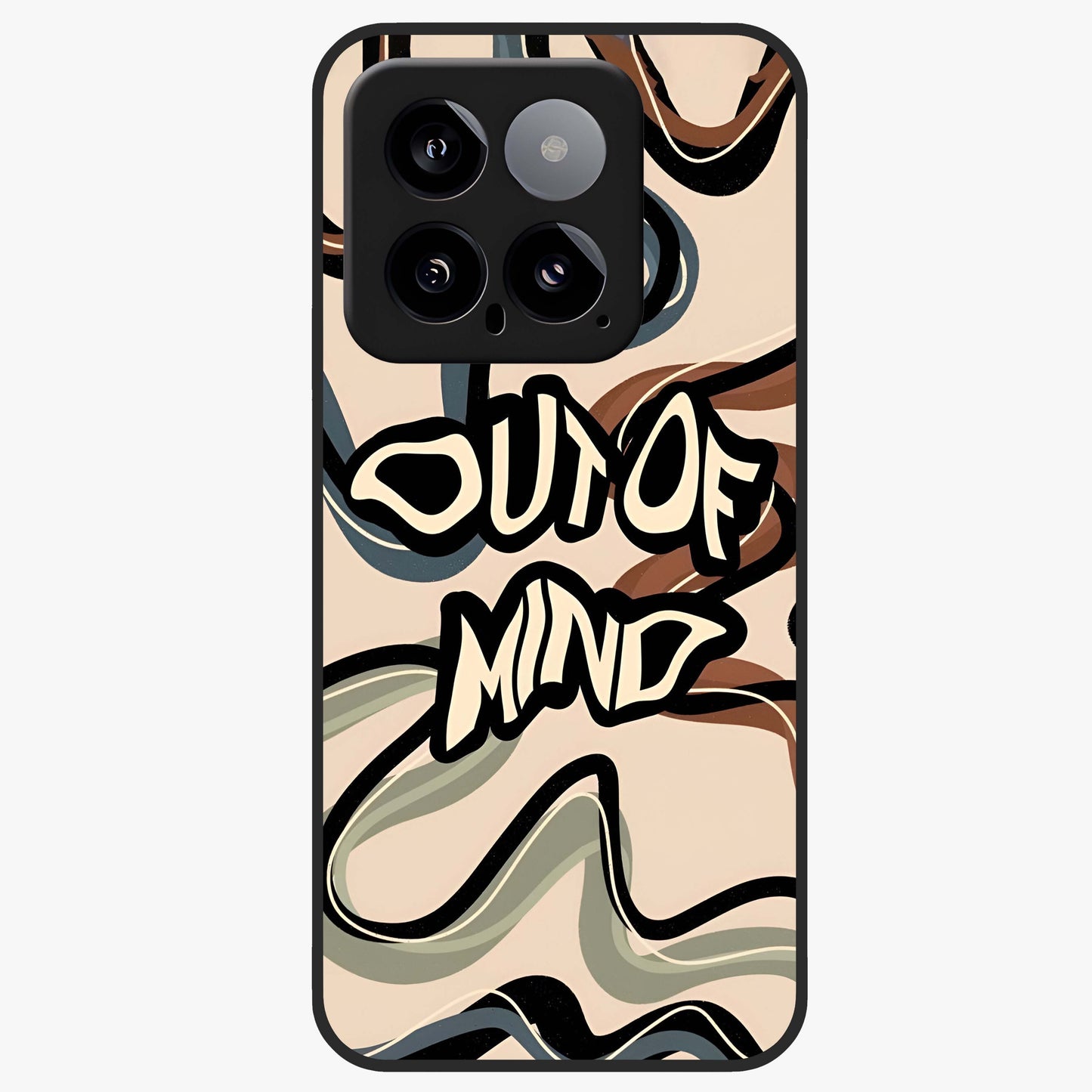 Out Of Mind Glass Case showing flat back view with expressive typography artwork and glossy glass finish.