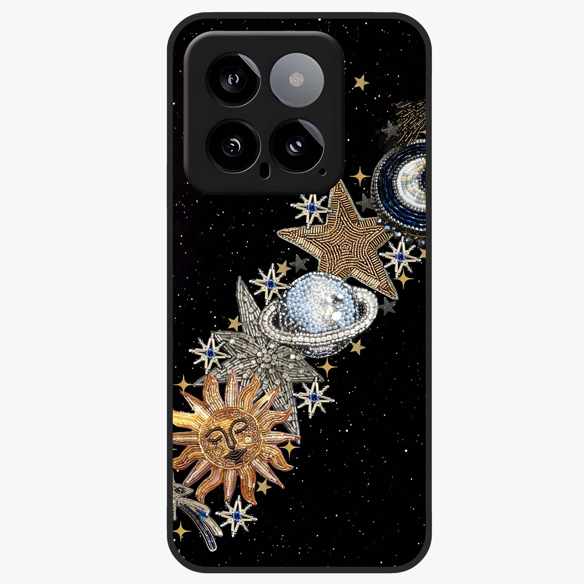 Pearls Universe Object Glass Case showing flat back view with pearl inspired cosmic artwork and glossy glass finish.