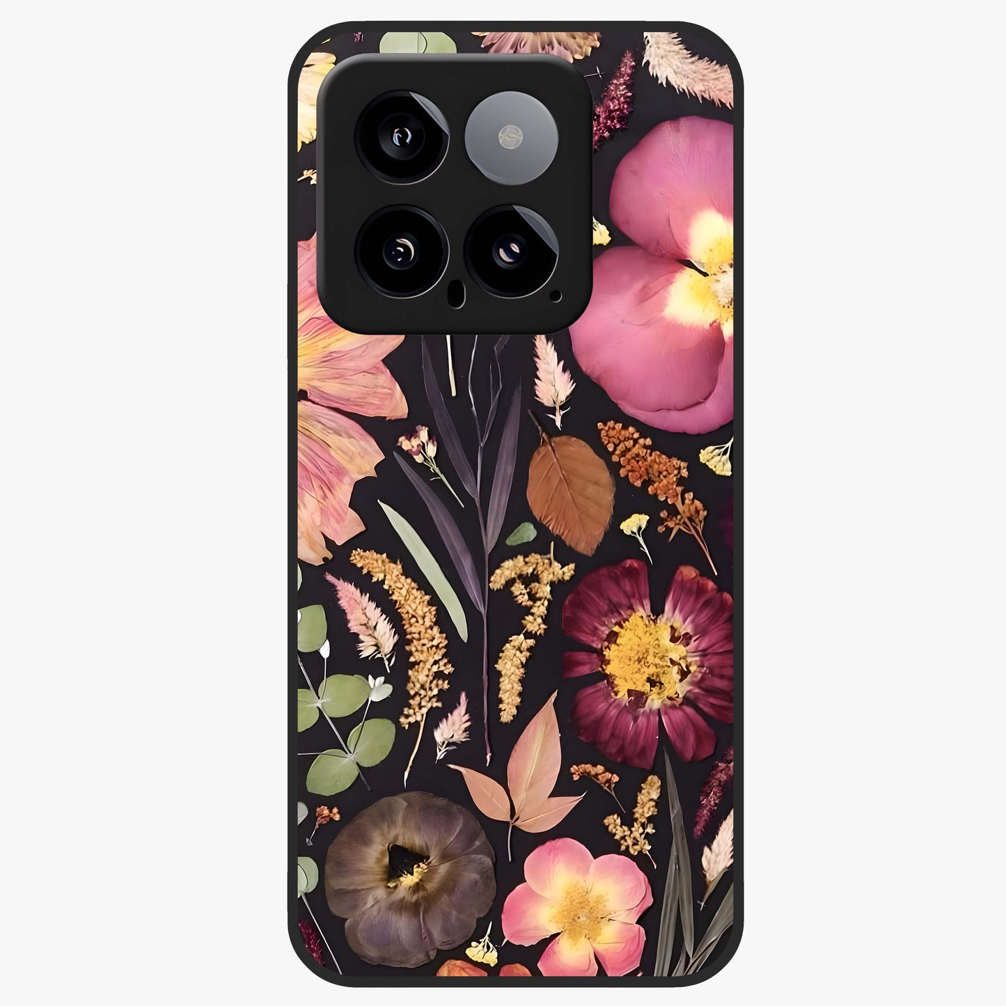 Petal Dream Tapestry Glass Case showing flat back view with intricate floral tapestry artwork and glossy glass finish.