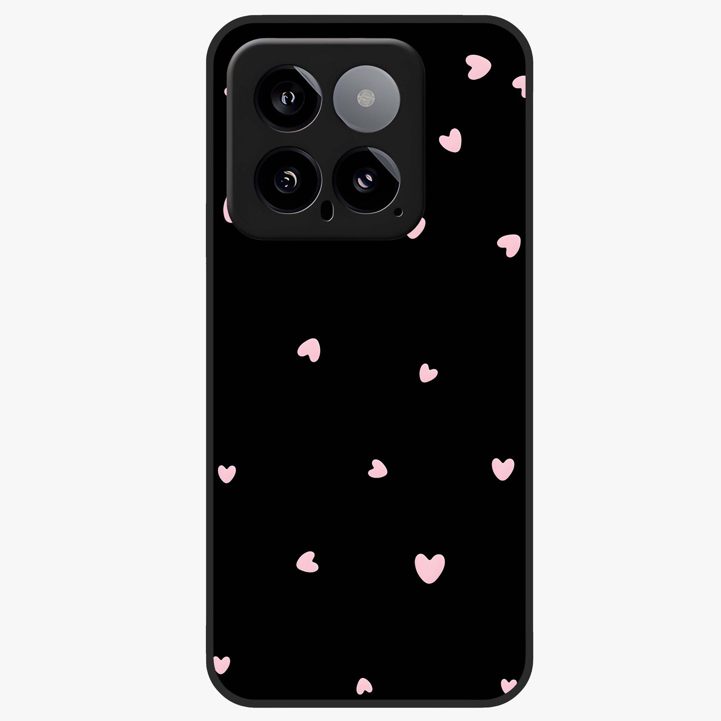 Pink Love Drops Glass Case showing flat back view with playful pink heart drops artwork and glossy glass finish.