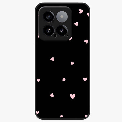 Pink Love Drops Glass Case showing flat back view with playful pink heart drops artwork and glossy glass finish.