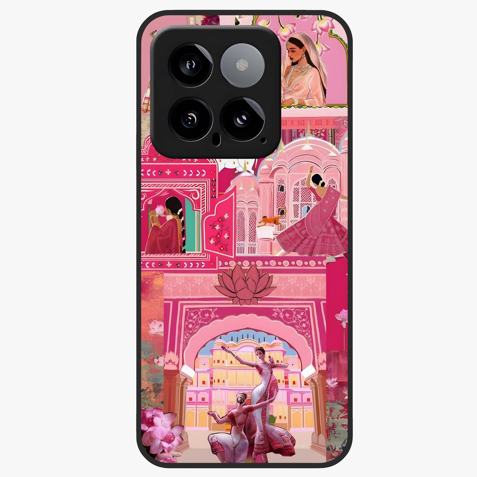 Pink Palace Muse Glass Case showing flat back view with elegant palace inspired artwork and glossy glass finish.