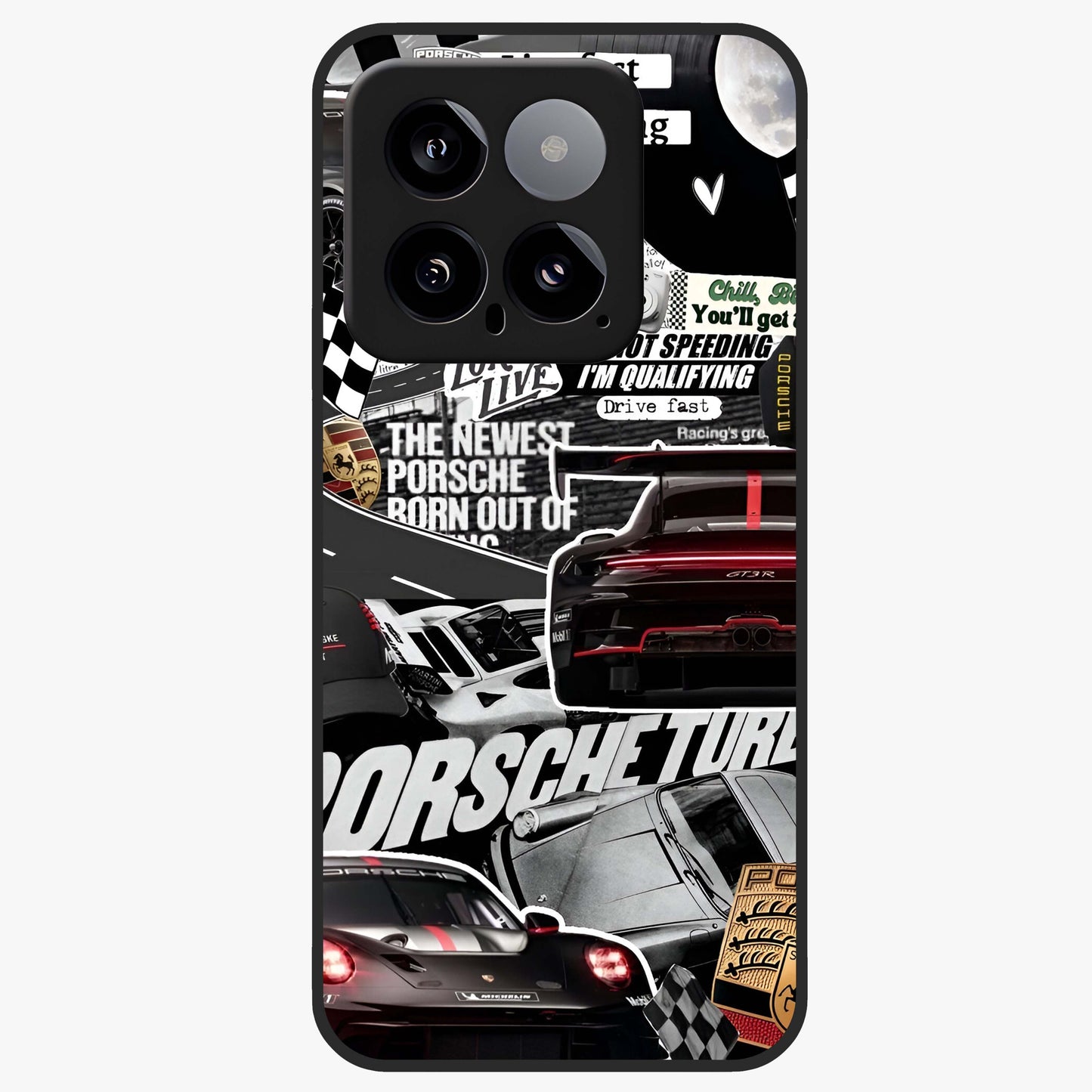 Porsche Racing Collage Glass Case showing flat back view with sports car racing collage artwork and glossy glass finish.