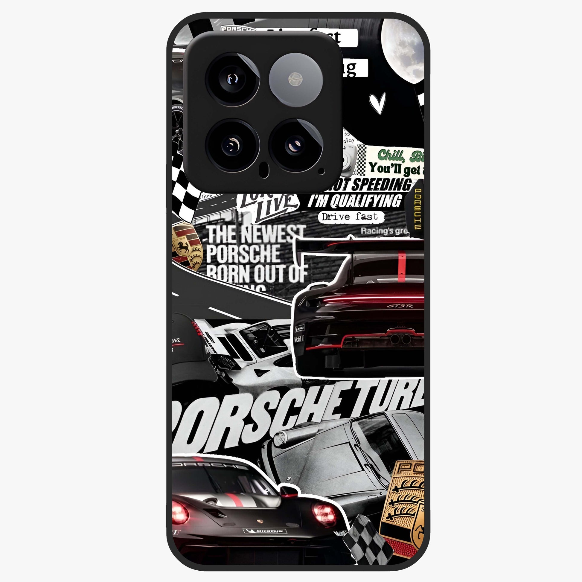 Porsche Racing Collage Glass Case showing flat back view with sports car racing collage artwork and glossy glass finish.