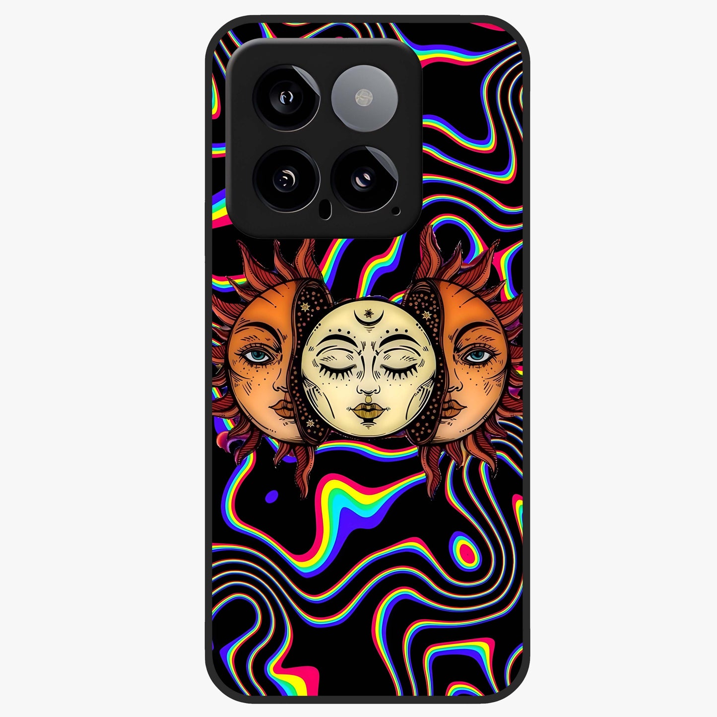 Psychedelic Sun Glass Case showing flat back view with colorful psychedelic sun artwork and glossy glass finish.