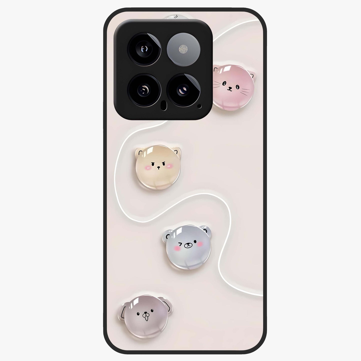 Puffy Face Parade Glass Case showing flat back view with cute puffy character faces artwork and glossy glass finish.
