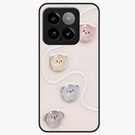 Puffy Face Parade Glass Case showing flat back view with cute puffy character faces artwork and glossy glass finish.