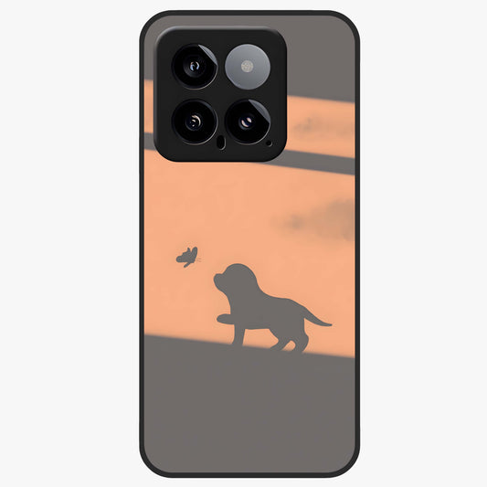 Puppy Shadow Art Glass Case showing flat back view with cute puppy shadow style artwork and glossy glass finish.