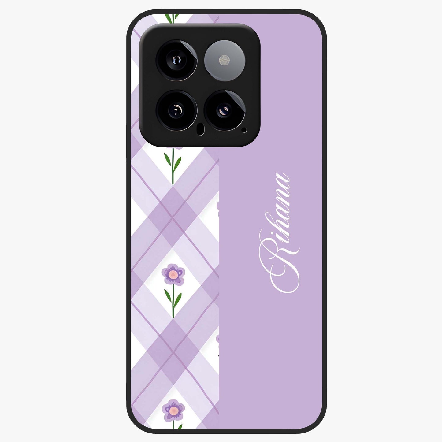 Purple Diamond Floral Glass Case showing flat back view with diamond shaped floral artwork and glossy glass finish.