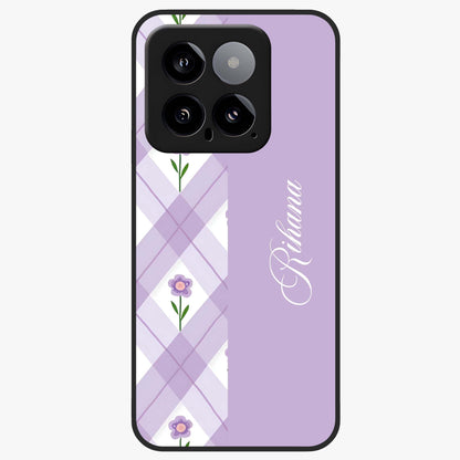 Purple Diamond Floral Glass Case showing flat back view with diamond shaped floral artwork and glossy glass finish.