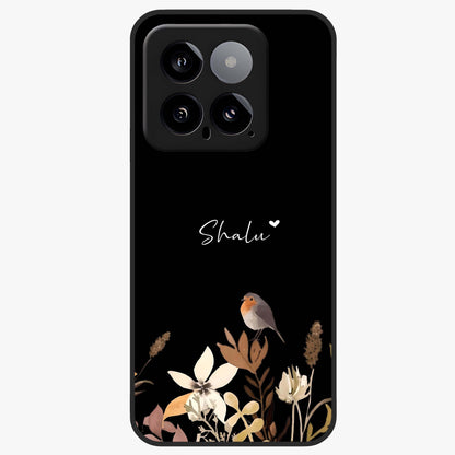 Quiet Garden Tune Custom Name Glass Case showing flat back view with peaceful garden artwork and personalized name design.