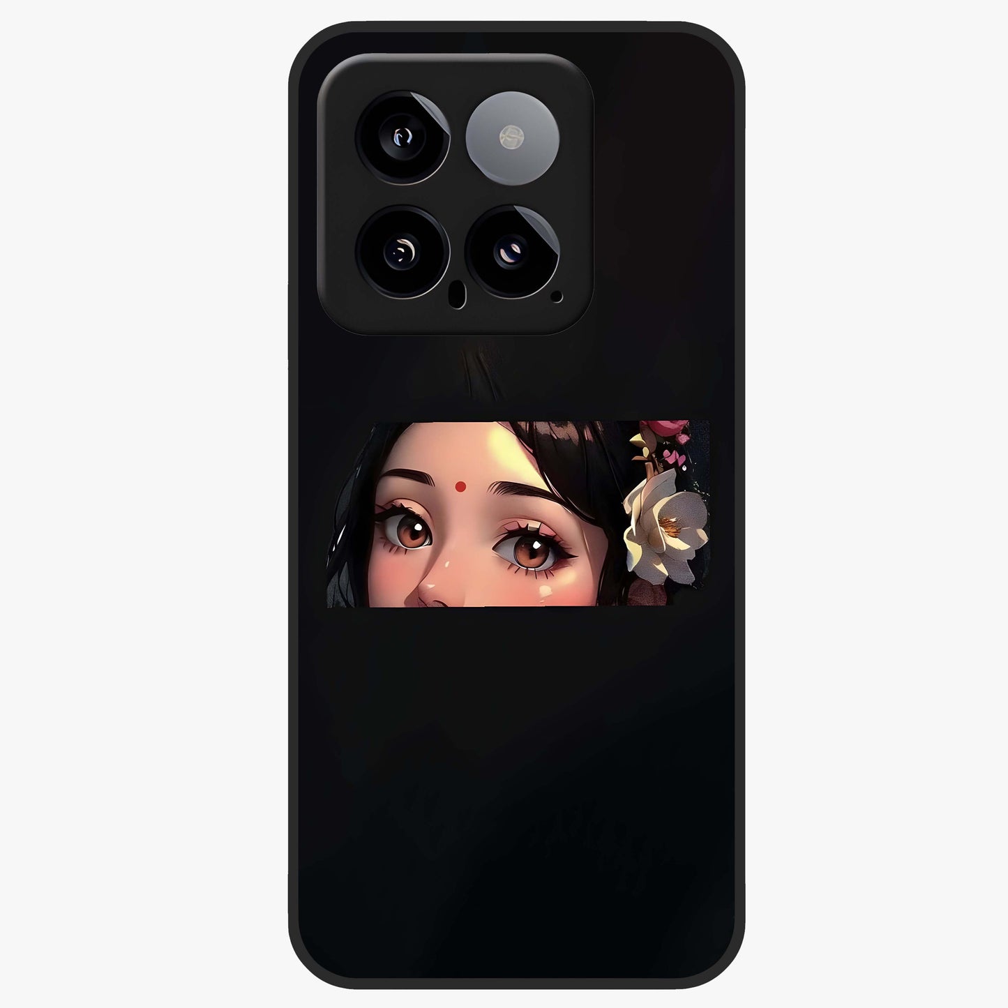 Radha Divine Embrace Glass Case showing flat back view with devotional Radha artwork and glossy glass finish.