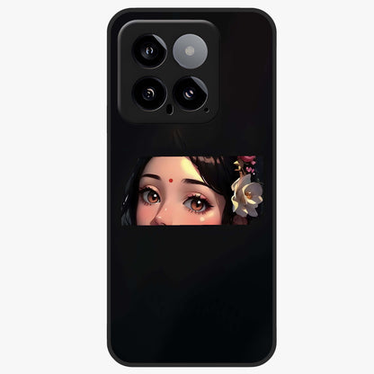 Radha Divine Embrace Glass Case showing flat back view with devotional Radha artwork and glossy glass finish.