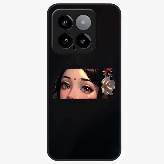 Radha Divine Embrace Glass Case showing flat back view with devotional Radha artwork and glossy glass finish.