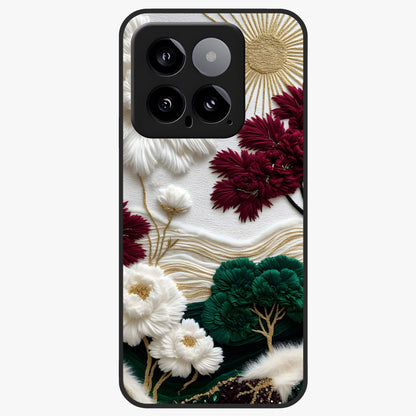 Radiant Bloom Elegance Glass Case showing flat back view with elegant blooming flower artwork and glossy glass finish.