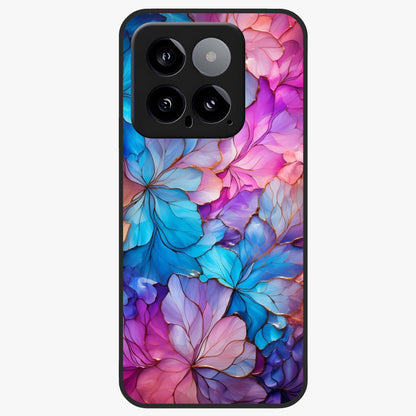 Radiant Floral Whirl Glass Case showing flat back view with swirling floral artwork and glossy glass finish.