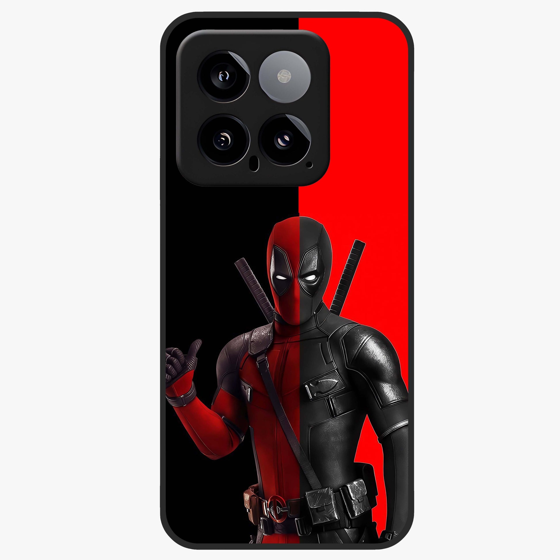 Red & Black Deadpool Theme Glass Case showing flat back view with bold comic inspired artwork and glossy glass finish.
