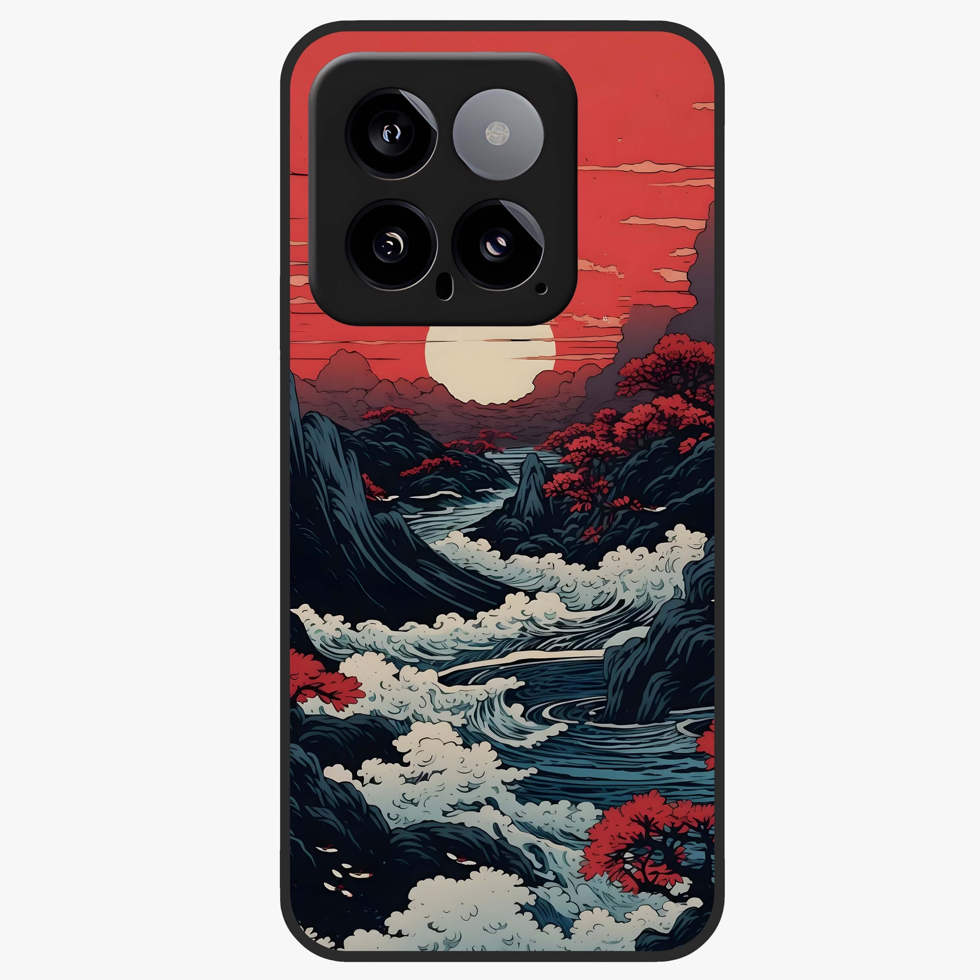 Red Sunset Scenery Glass Case showing flat back view with vibrant sunset landscape artwork and glossy glass finish.
