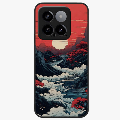 Red Sunset Scenery Glass Case showing flat back view with vibrant sunset landscape artwork and glossy glass finish.