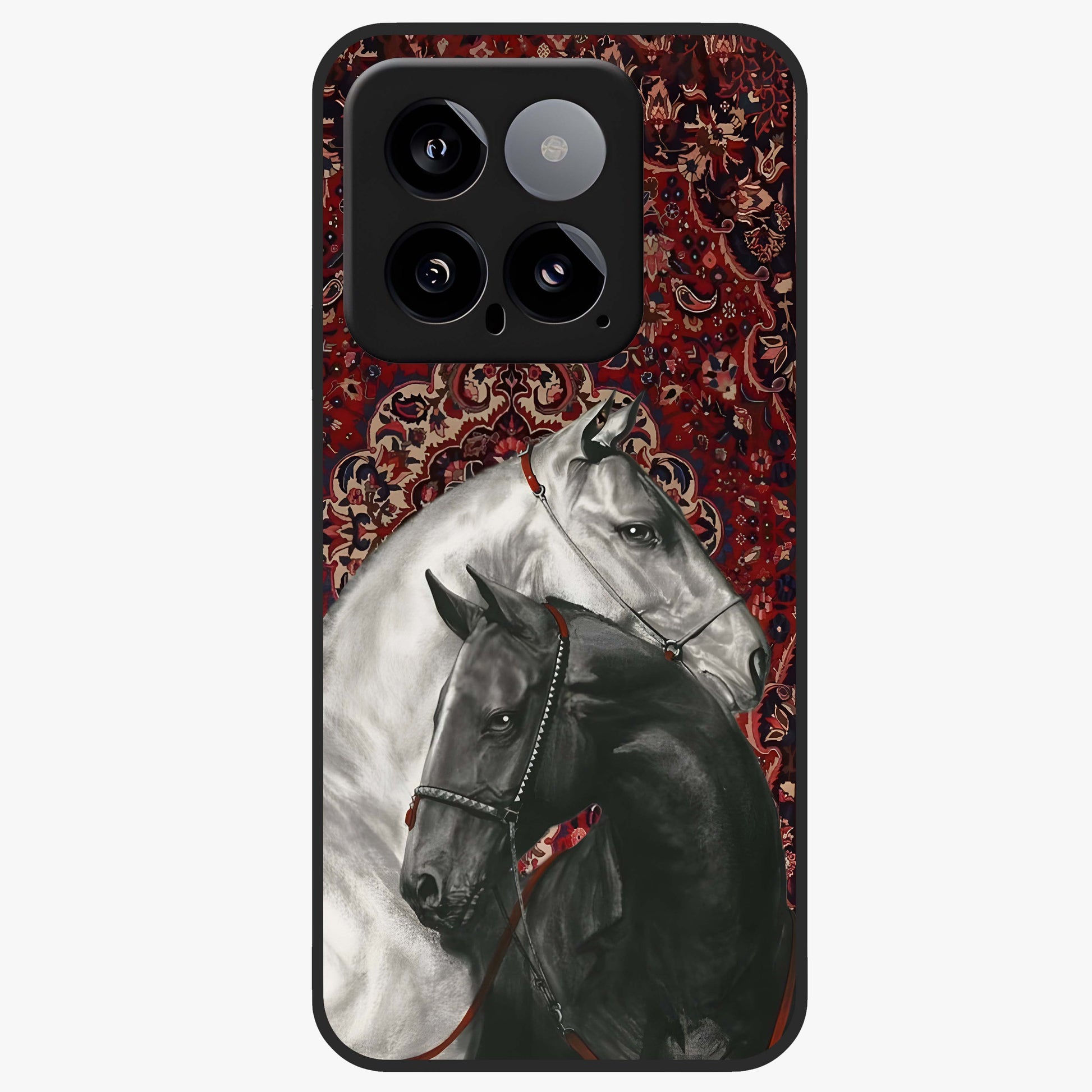 Regal Stallion Tapestry Glass Case showing flat back view with majestic horse tapestry artwork and glossy glass finish.