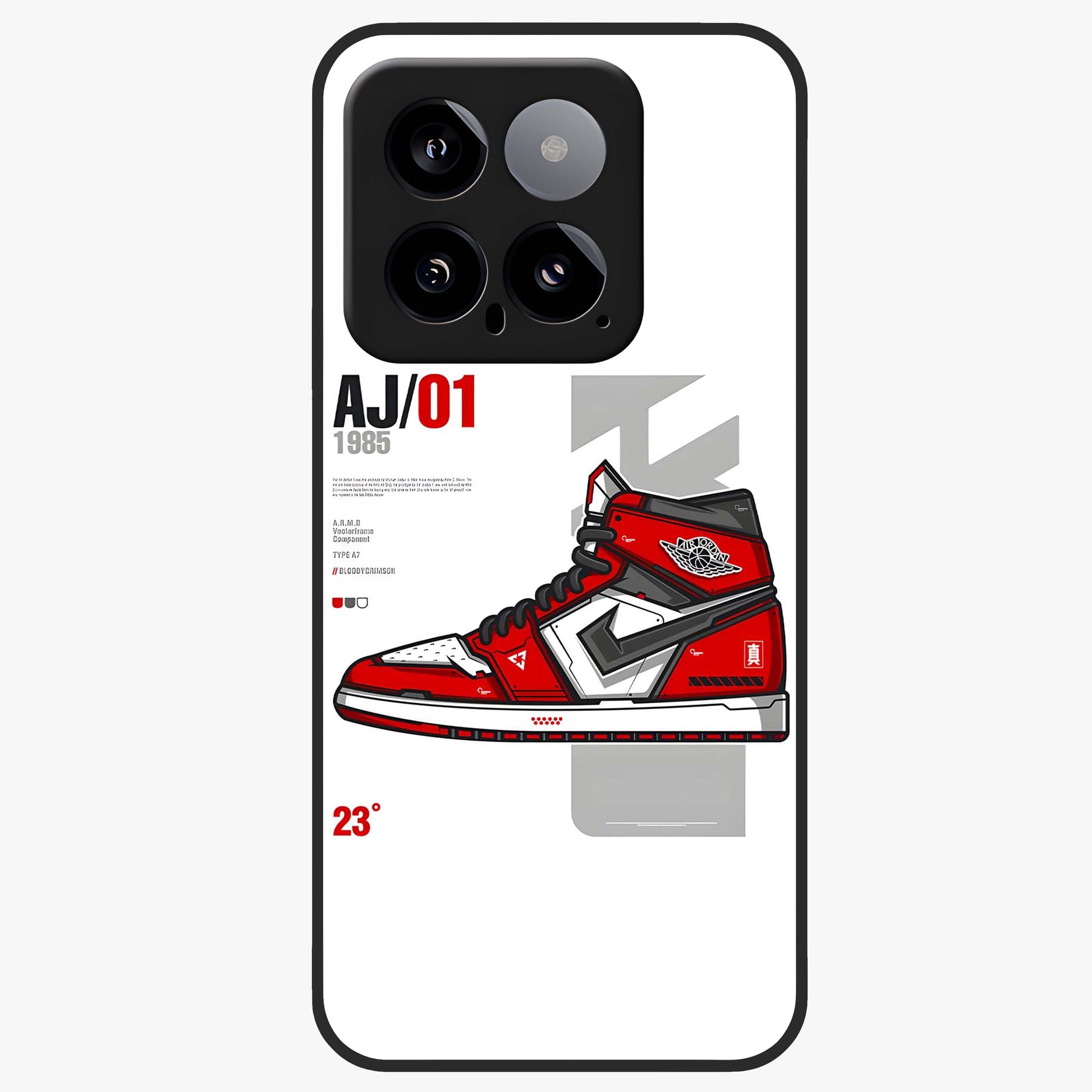 Retro Sneaker Blueprint Glass Case showing flat back view with sneaker blueprint style artwork and glossy glass finish.