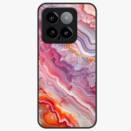 Rose Quartz Marble Glass Case showing flat back view with pink marble quartz texture artwork and glossy glass finish.