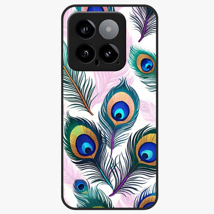Royal Peacock Feathers Glass Case showing flat back view with colorful peacock feather artwork and glossy glass finish.