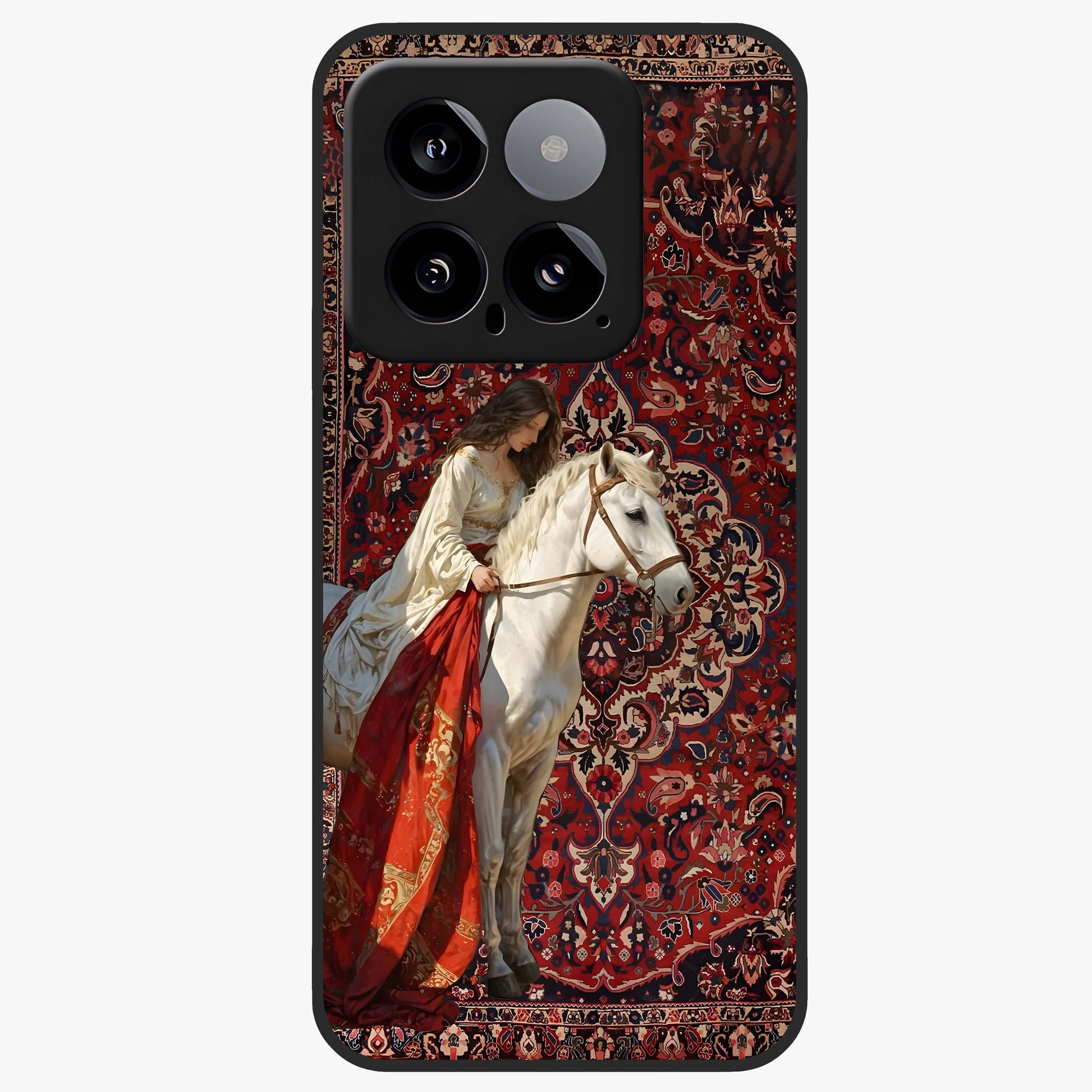 Royal Rider Tapestry Glass Case showing flat back view with majestic horse rider tapestry artwork and glossy glass finish.