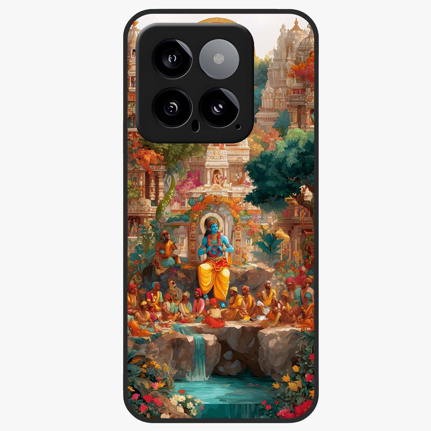 Sacred Sunlight Gods Glass Case showing flat back view with divine sunlight themed artwork and glossy glass finish.