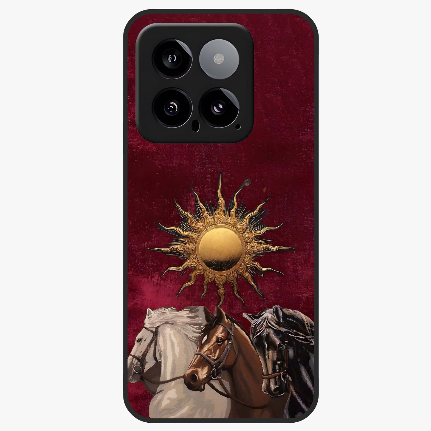 Solar Riders Glass Case showing flat back view with dynamic rider themed artwork and glossy glass finish.