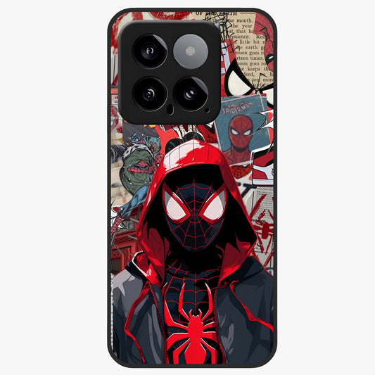 Spider Collage Street Glass Case showing flat back view with vibrant superhero collage artwork and glossy glass finish.