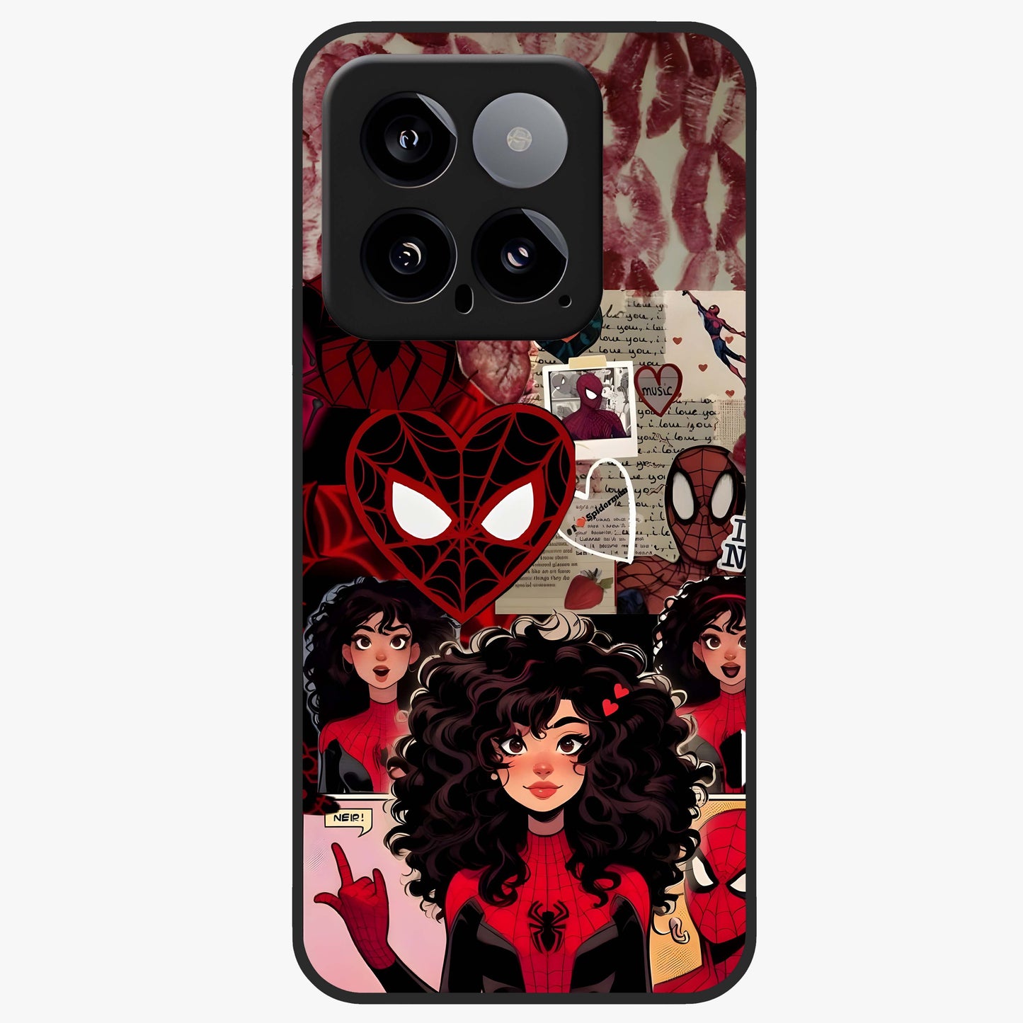 Spider Love Story Glass Case showing flat back view with romantic superhero themed artwork and glossy glass finish.