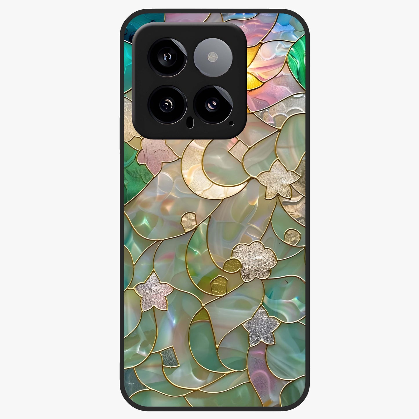 Stained Sunrise Glow Glass Case showing flat back view with glowing sunrise stained pattern artwork and glossy glass finish.