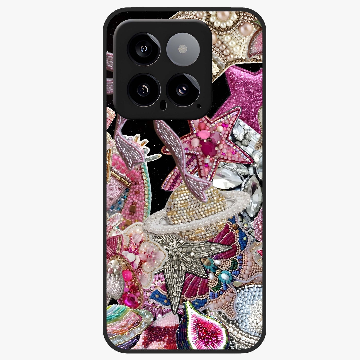 Starlit Jewel Dream Glass Case showing flat back view with sparkling jewel and star themed artwork and glossy glass finish.