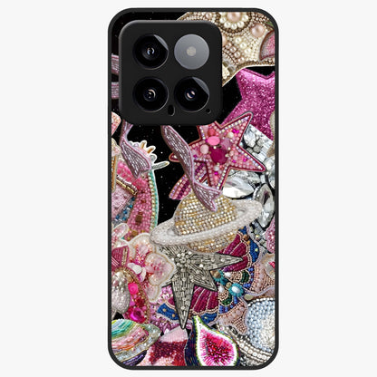 Starlit Jewel Dream Glass Case showing flat back view with sparkling jewel and star themed artwork and glossy glass finish.
