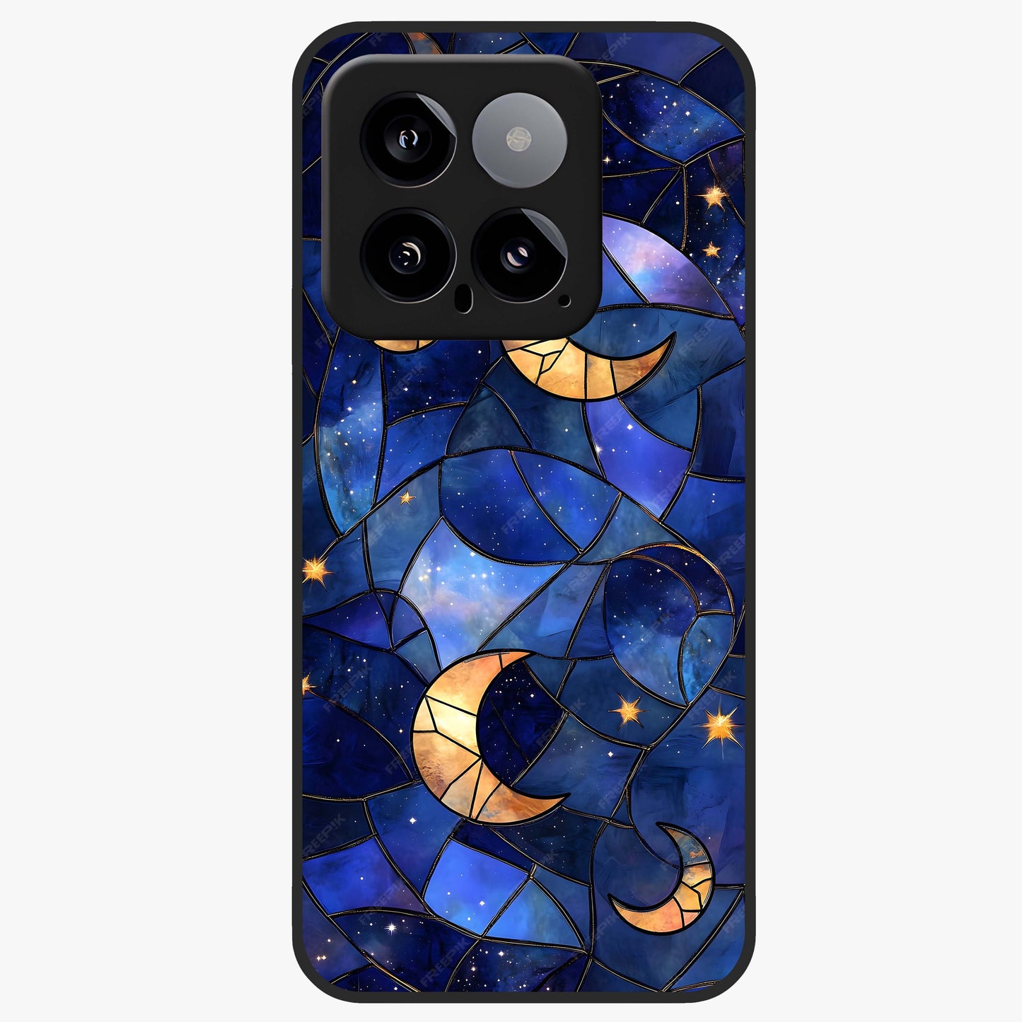 Starlit Sky Tapestry Glass Case showing flat back view with decorative starry sky tapestry artwork and glossy glass finish.
