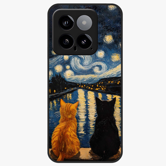 Starry River Cats Glass Case showing flat back view with cats by a starry river artwork and glossy glass finish.