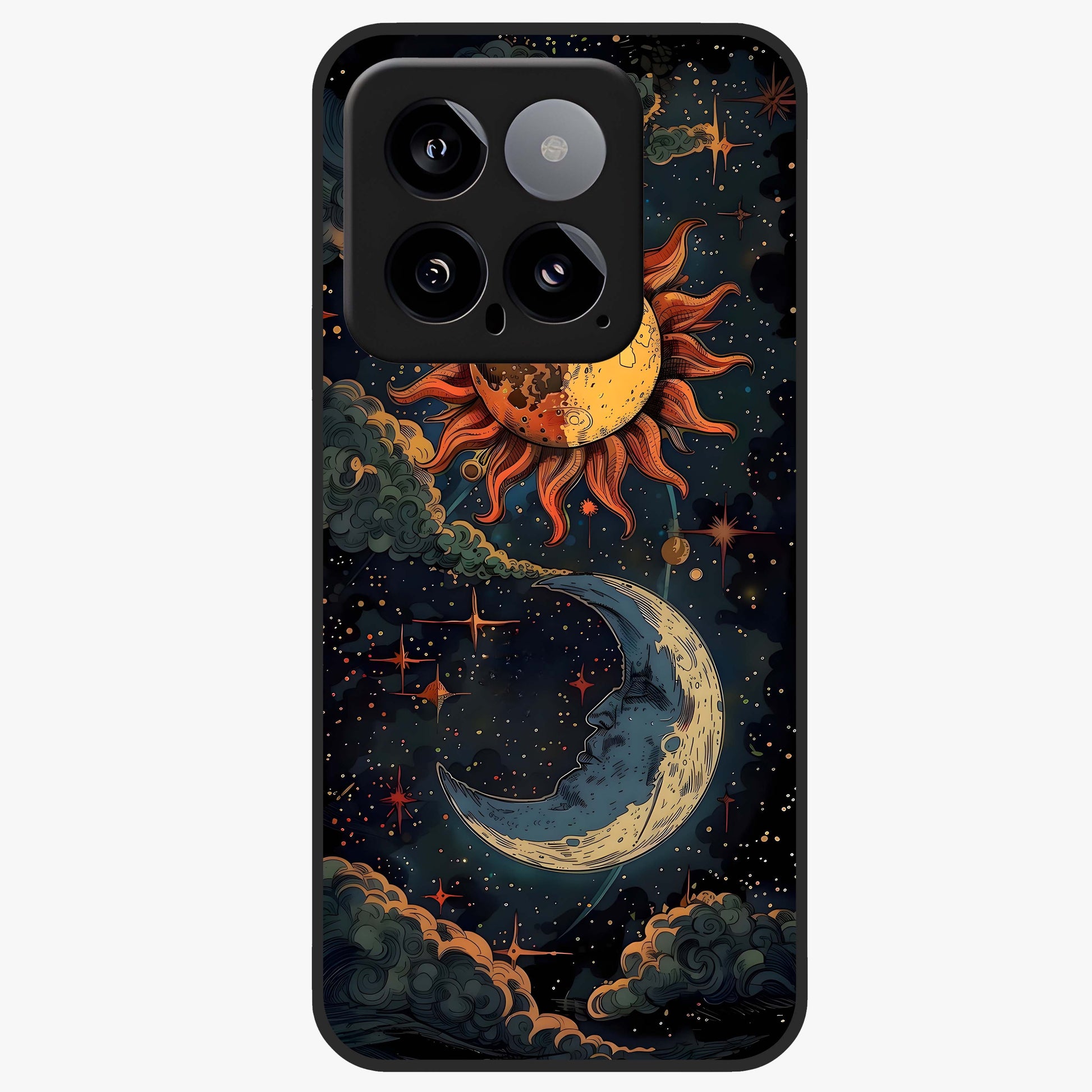 Sun And Moon Magic Design Glass Case showing flat back view with mystical sun and moon artwork and glossy glass finish.