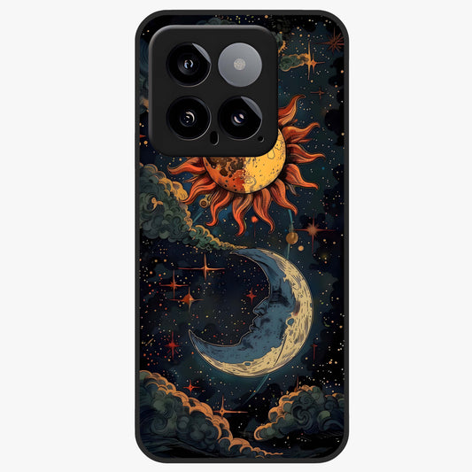Sun And Moon Magic Design Glass Case showing flat back view with mystical sun and moon artwork and glossy glass finish.