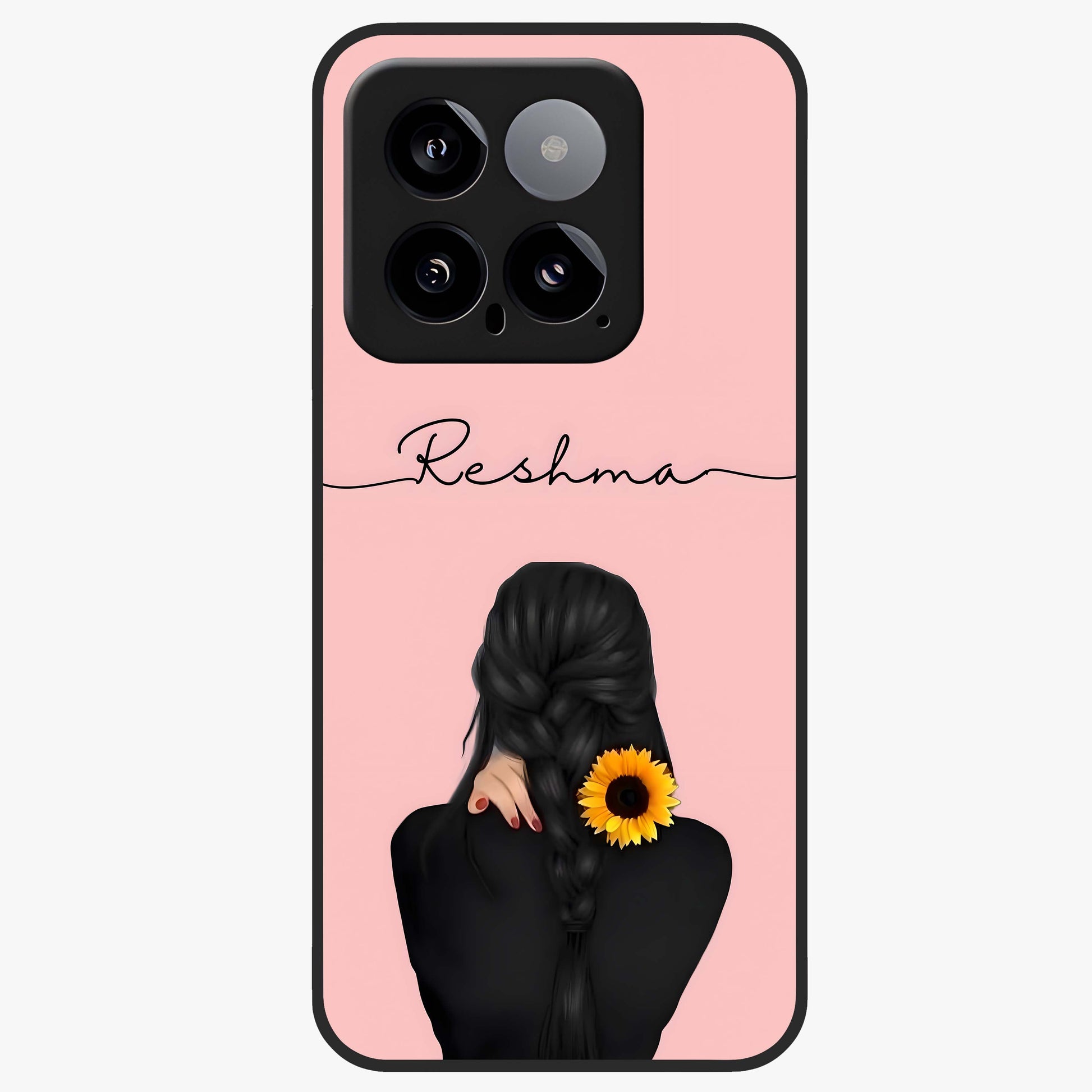 Sunflower Braid Beauty With Custom Name Glass Case showing flat back view with sunflower braid artwork and personalized name design.