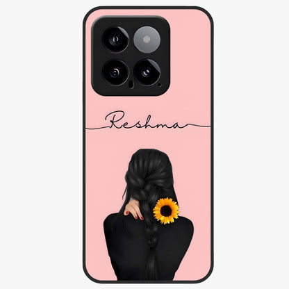 Sunflower Braid Beauty With Custom Name Glass Case showing flat back view with sunflower braid artwork and personalized name design.