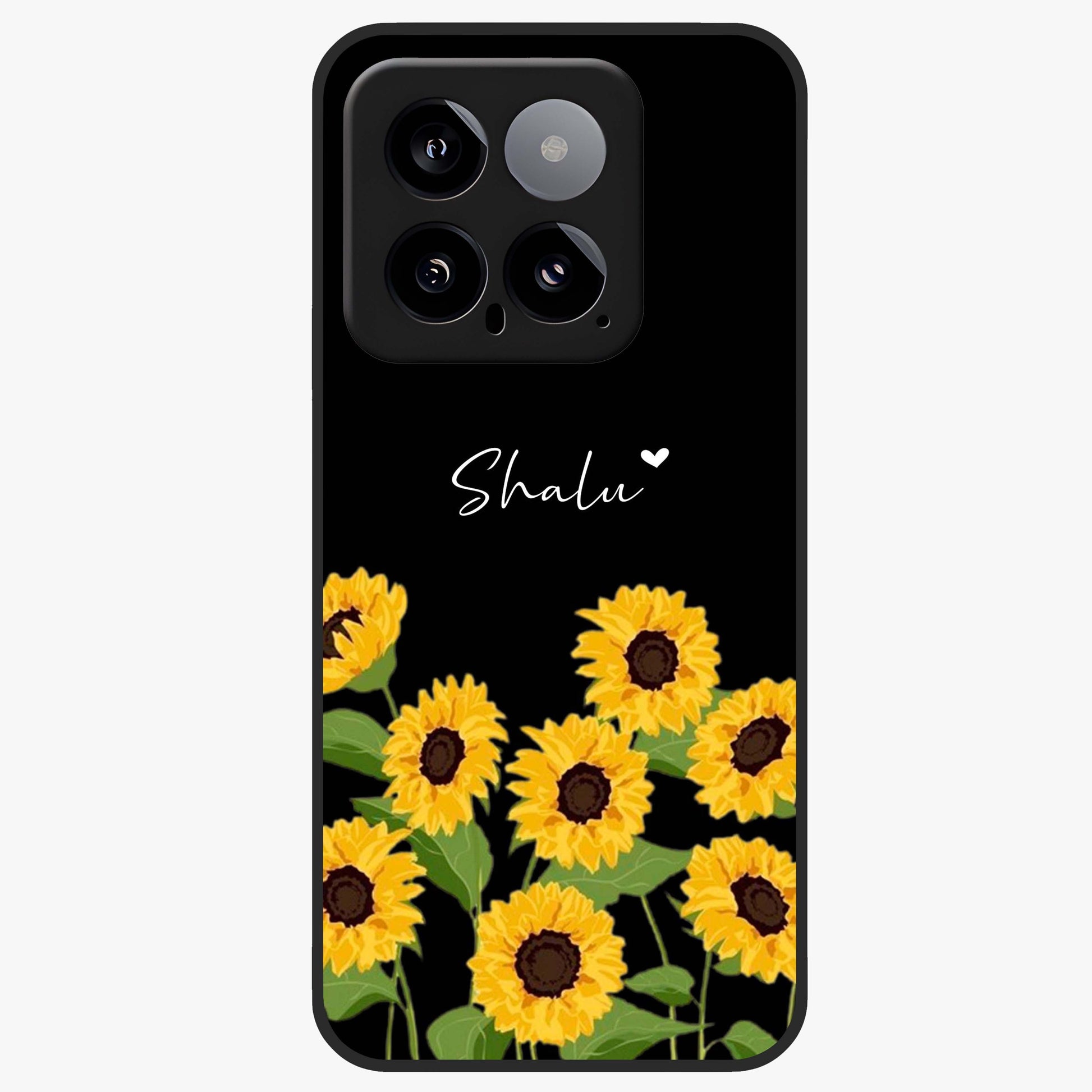 Sunflower Chic Mood Custom Name Glass Case showing flat back view with stylish sunflower artwork and personalized name design.
