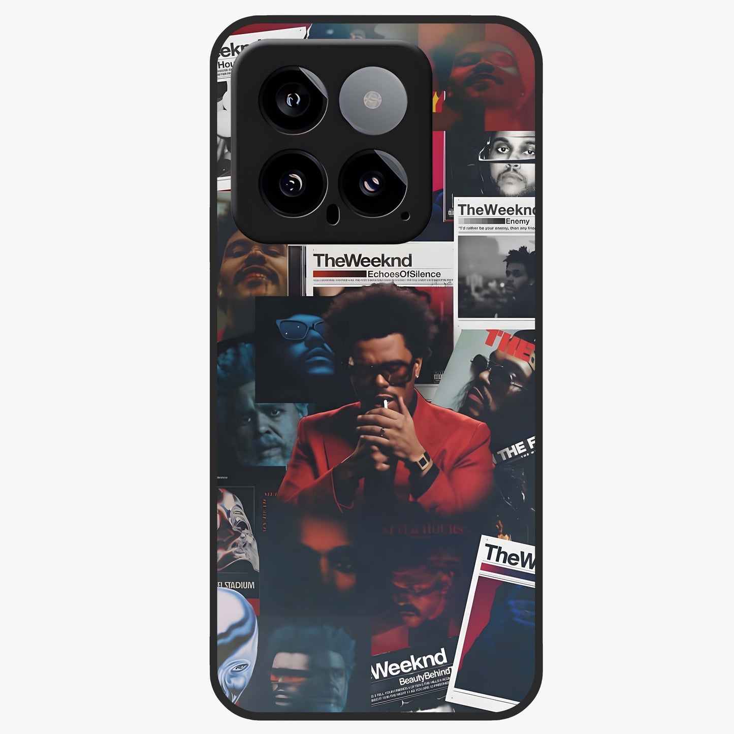 The Weeknd Glass Case showing flat back view with music inspired artistic portrait artwork and glossy glass finish.