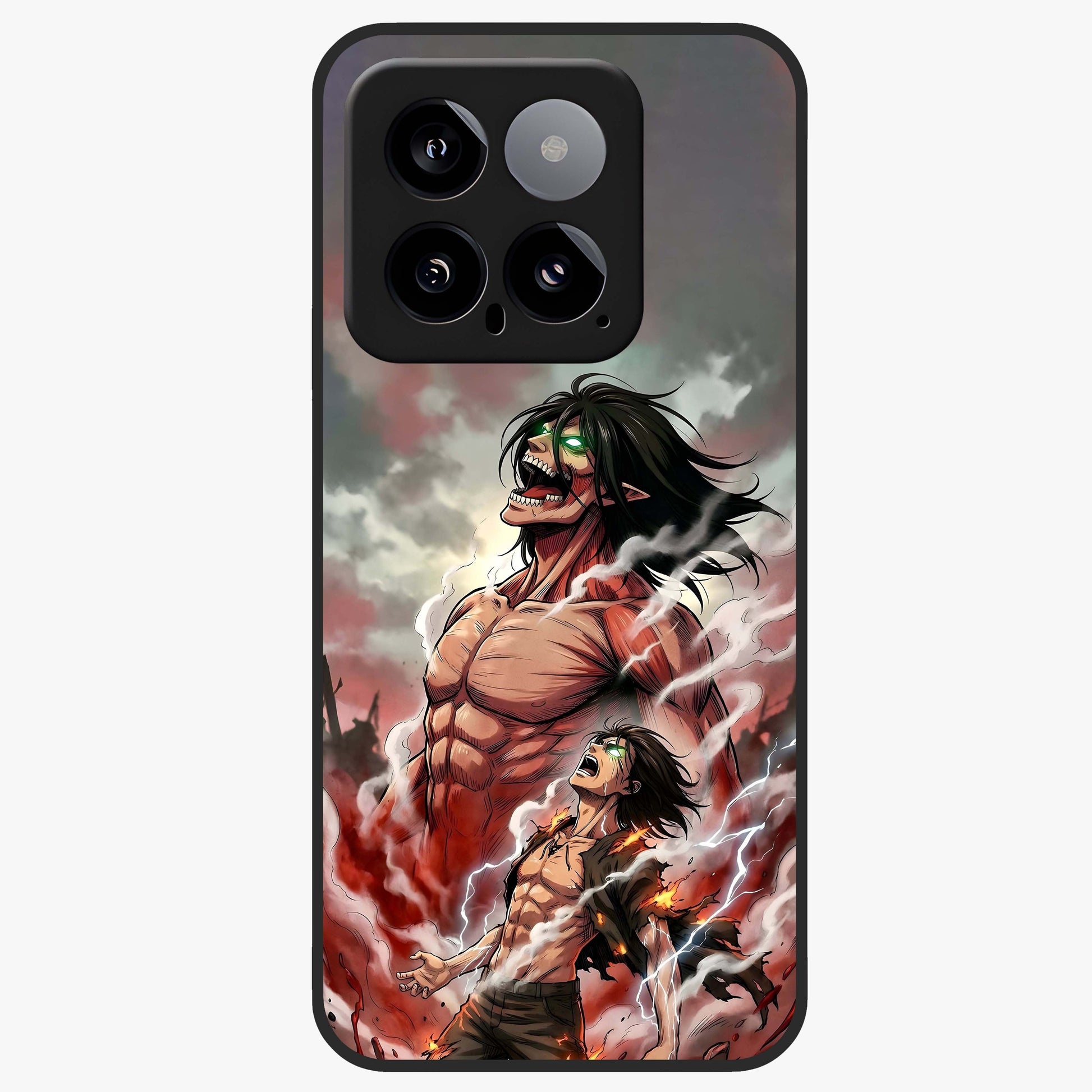 Titan Awakening Fury Glass Case showing flat back view with powerful titan inspired artwork and glossy glass finish.